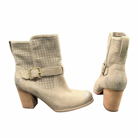 Timberland Savin Hill Mid Beige Suede Perforated Block Heel Boots Women’s 9.5 - Picture 1 of 12
